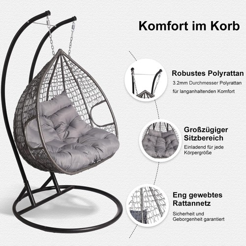 Hängesessel für 2 Personen Hängestuhl mit Gestell Outdoor Hängeschaukel & Kissen - Bild 7 von 9