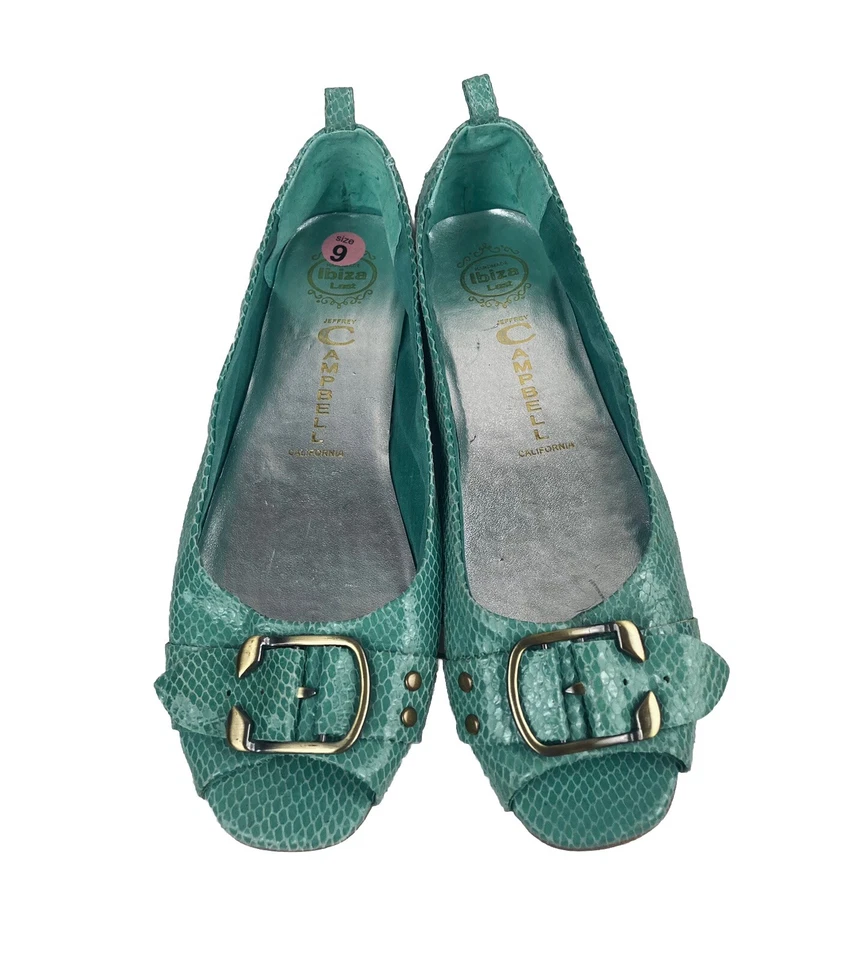 Jeffrey Campbell Expose Ex Ballet Plano con Hebilla Dorada Cuero Animal Talla 9M Verde Foto 4 de 4