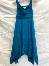 Emily West Knit Chiffon Floral Glitter Print Tie Back blue dress Girls sz 14