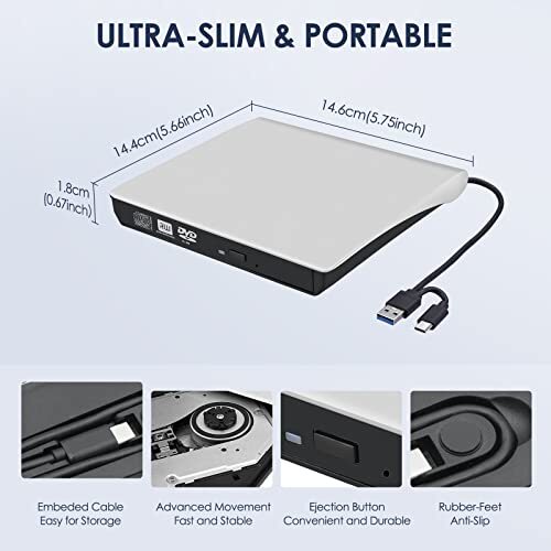 External CD/DVD Drive for Laptop, TypeC CD/DVD Player USB 3.0 Portable