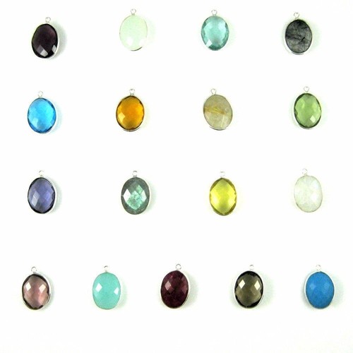 Gemstone Pendant - Sterling Silver - 14x18mm Faceted Oval Shaped Charm (2 Pcs) - Picture 1 of 20