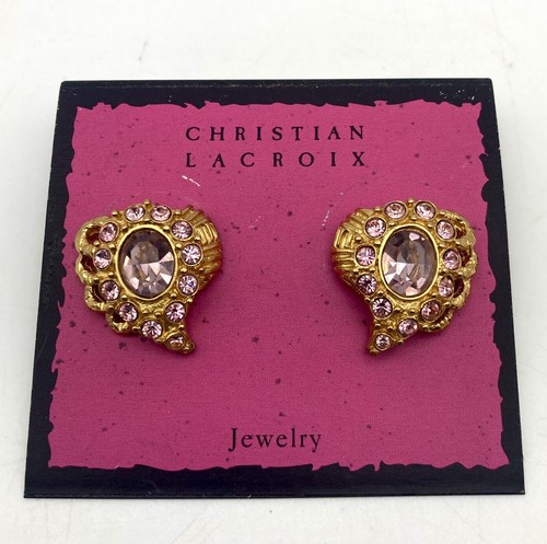RARE VTG Signed CHRISTIAN LACROIX Gold Tone Pink Topaz Heart Conch Earrings Post - Picture 1 of 16