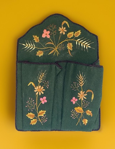 Antique/Vintage Had Embroidered Wall Pocket, 13-3/4" Tall & 10" Wide - Picture 7 of 7