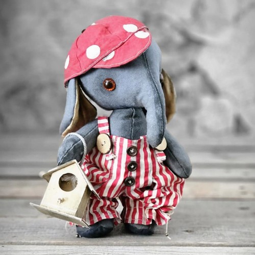 Vintage Design Stoffelefant Elefant m. Mütze Hose Vogelhaus 23 cm Handarbeit - Bild 1 von 4