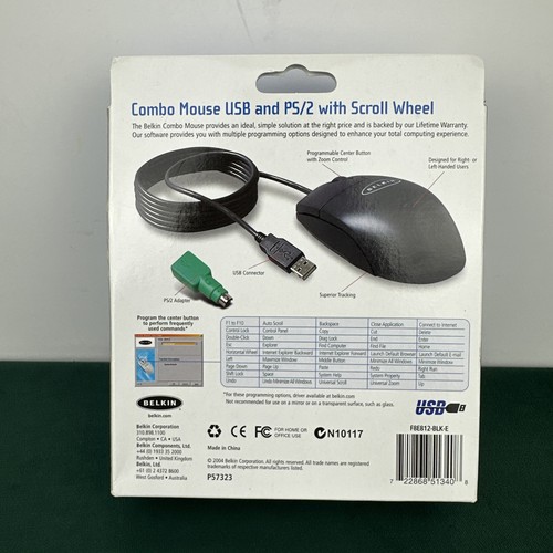 Belkin Combo Mouse USB & PS/2 F8E812-BLK 3 Button Scroll Wheel - Picture 2 of 2