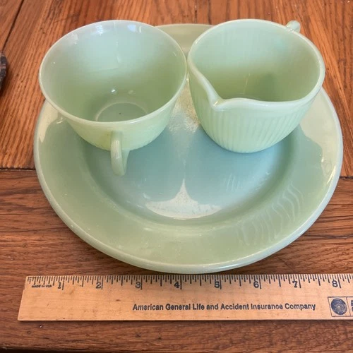 3 FIRE KING Vintage Damaged Jadeite pcs Restaurant Plate Jane Creamer Alice Cup