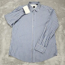 BOSS Hugo Boss Shirt Mens XL Blue Gray Striped Slim Fit Ronny Long Sleeve Dress
