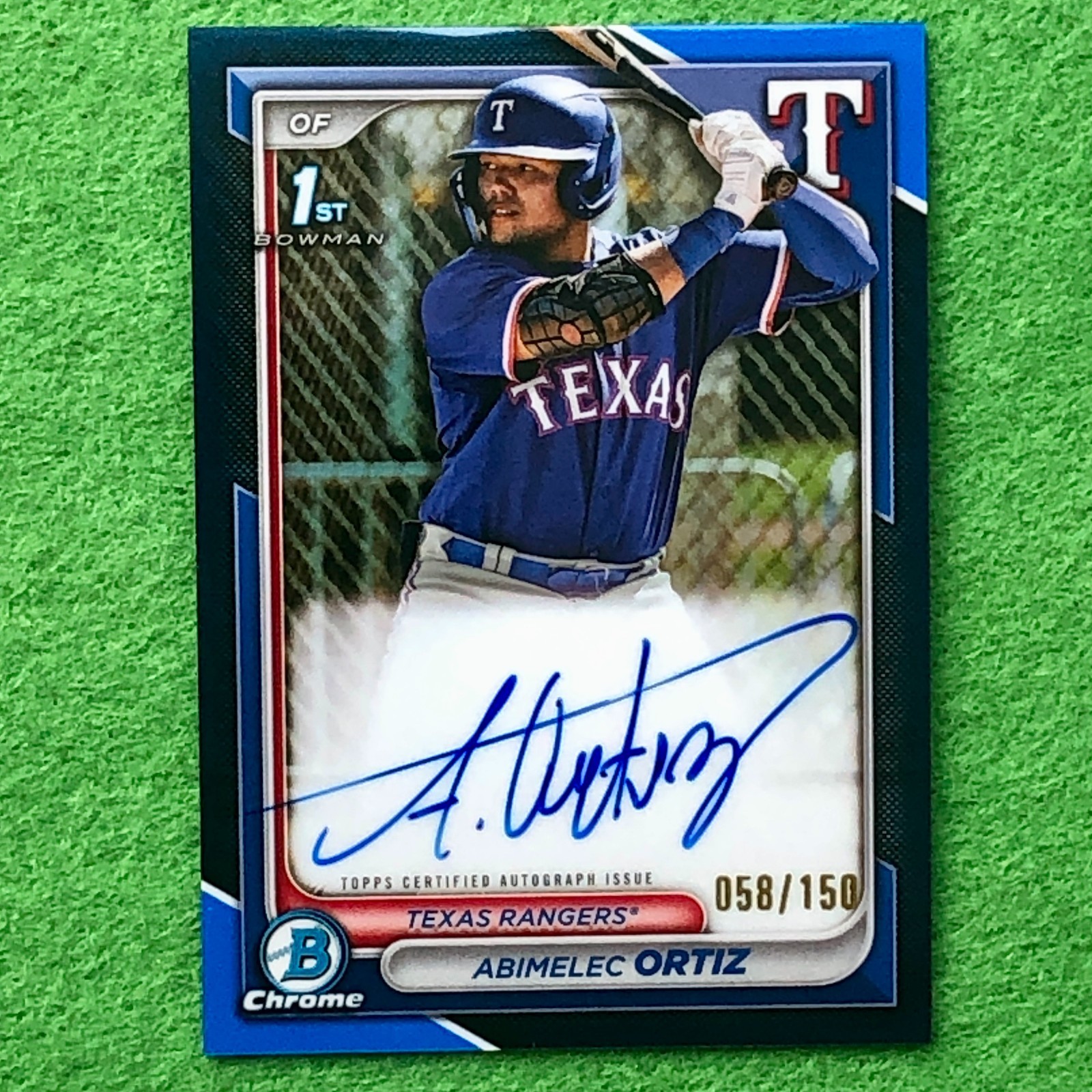 2024 Bowman Chrome 1st Abimelec Ortiz True BLUE REFRACTOR Auto #058/150 Rangers