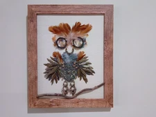 OOAK Vintage Jewelry Art "Whimsical Owl" 9.5 x 11.5 Wood Frame
