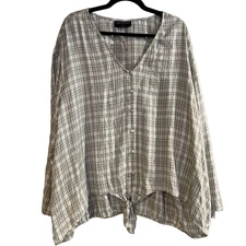 Lane Bryant Shirt NWT Gray Plaid Metallic Button Down Tie Front Rayon Size 28 
