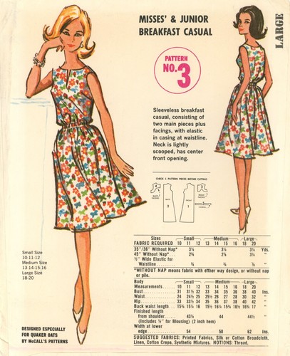 McCall's Quaker Oats No. 3 ärmelloses Frühstück Freizeit Kleid Gr. Large 18-20 SCHNITT