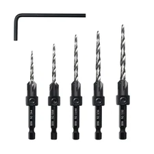 Countersink Drill Bit Set, 5PCS Tapered Drill Bits, M2 Countersink Set with 1/4"