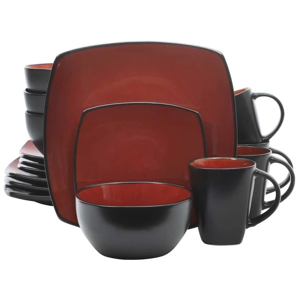 Gibson Soho Lounge Square 16-Piece Reactive Glaze Stoneware Dinnerware Set - Red - Image 3 of 4