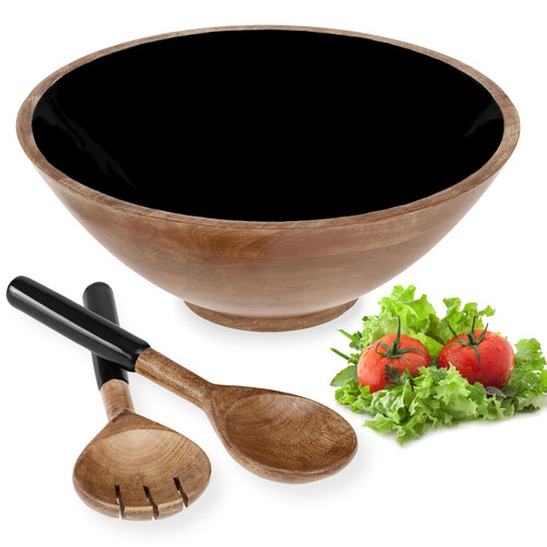 Wooden Salad Bowl Set Large 12" with Server Tongs Spoons - Wood Bowl with Ser... - Picture 1 of 5