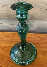 Green Tiara Indiana Glass Sandwich Glass Candlestick Holder Approx. 7-1/2” Vntg