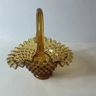 Vintage Fenton Art Glass Amber Hobnail Glass Basket with Applied Handle