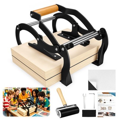 Linocut Press Machine A4 Beech Wood Manual Printmaking with Roller and Felt Pad