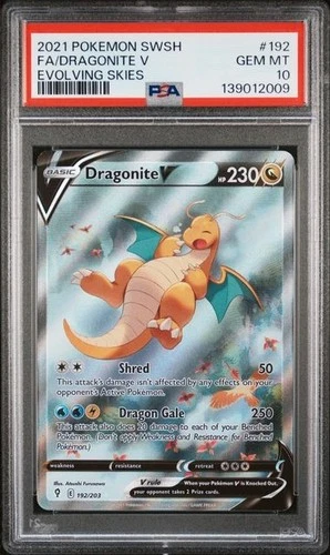 PSA 10 DRAGONITE V 192 EVOLVING SKIES SWORD & SHIELD ALT ART POKEMON GEM MINT