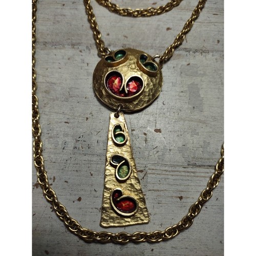Vintage Julio Marsella Hammered Gold Tone Stained Raised Metal Ethnic Necklace - Picture 2 of 9