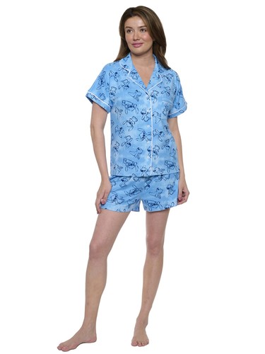 Disney Stitch Pajamas Set Button Down Shirt and Shorts 2-Piece Set Women's Blue