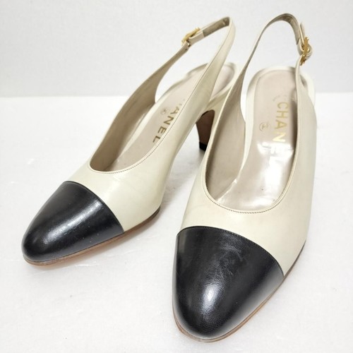 Chanel Pumps High Heels White Black Leather Size 34.5 US About 4.5 For Women - Picture 13 of 24