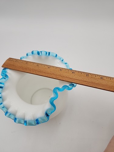 Vintage Fenton Milk Glass Vase With Ruffled Aqua Crest Euc - Picture 11 of 12