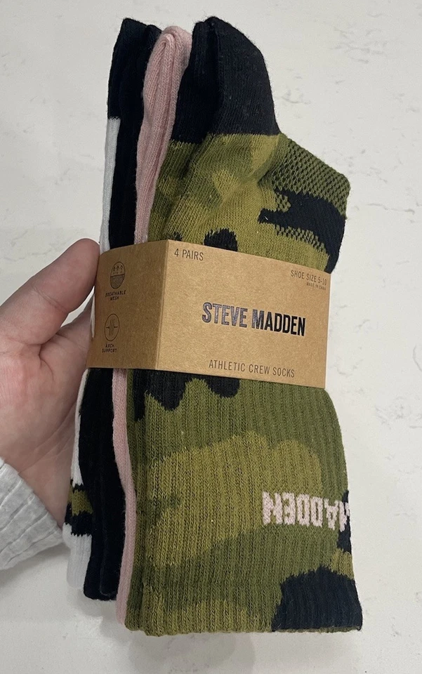 Paquete de 4 calcetines deportivos Steve Madden para mujer tallas 5-10 camuflados/negro/blanco/rosa Foto 4 de 4