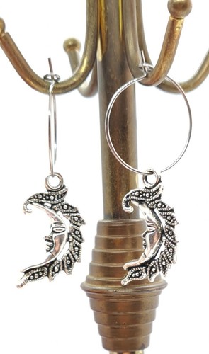 Silver Crescent Man in Moon Dangle Earrings, Faux Marcasite, Bohemian, 2"