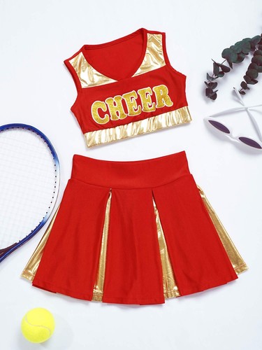 Girls Cheerleading Uniform Outfit Top and Skirt 2 Pom Poms Set Halloween Costume - Bild 22 von 39