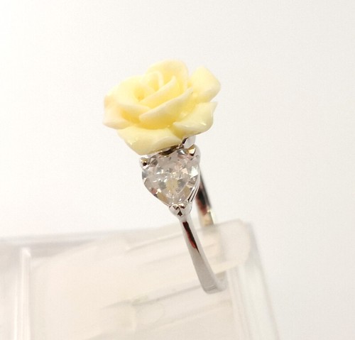 Cream White Synthetic Coral Carved Rose Flower Silver Crystal Ring Size: 6.7.8.9 - Picture 9 of 11