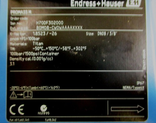 Endress Hauser Promass M Flowmeter 80M08-CW0WAAAAXXXX Tri-Clamp 1500psi, 3/8" - Picture 6 of 17