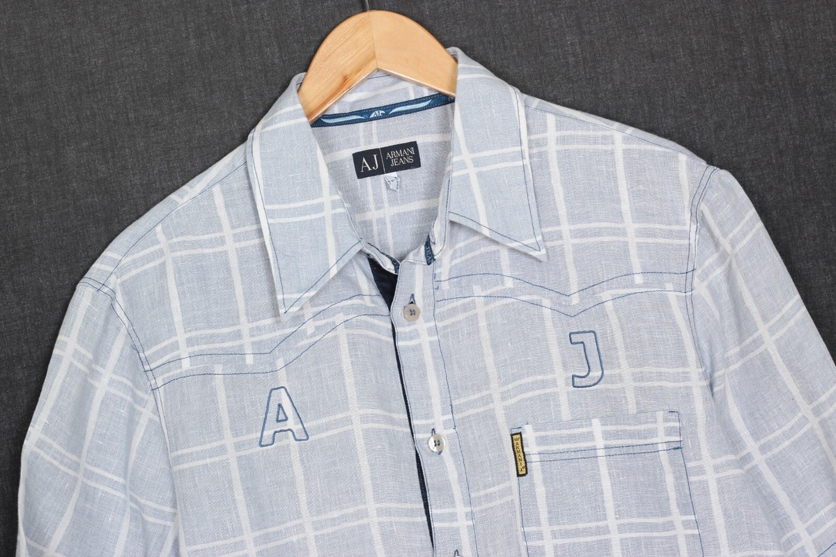 AJ ARMANI JEANS 100% Linen Shirt Men Size L Short Sleeve