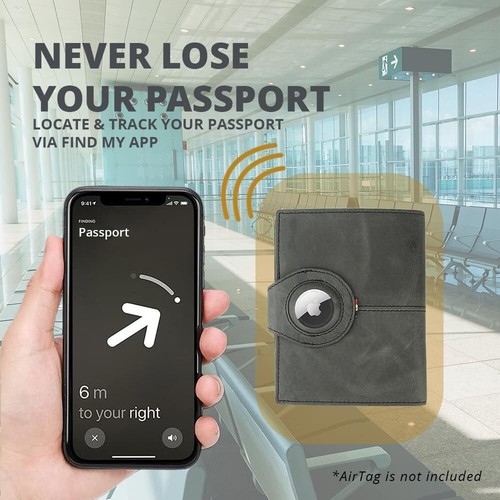 Porta pasaporte de cuero RFID con ranura AirTag - capacidad para 7 tarjetas, negro cepillado - Imagen 6 de 7