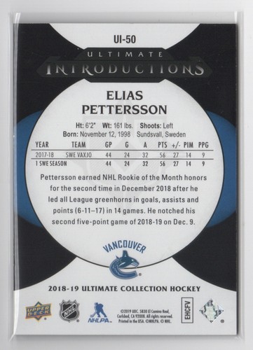 2018-19 UD Ultimate ELIAS PETTERSSON /25 Rookie Introductions Onyx Black RC RARE - Picture 2 of 2