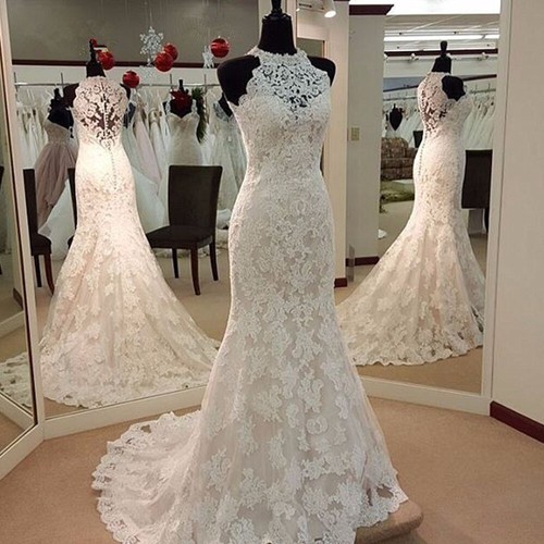 Mermaid Wedding Dresses Lace Appliques Halter Neck Sleeveless Long Bridal Gown - Picture 2 of 9