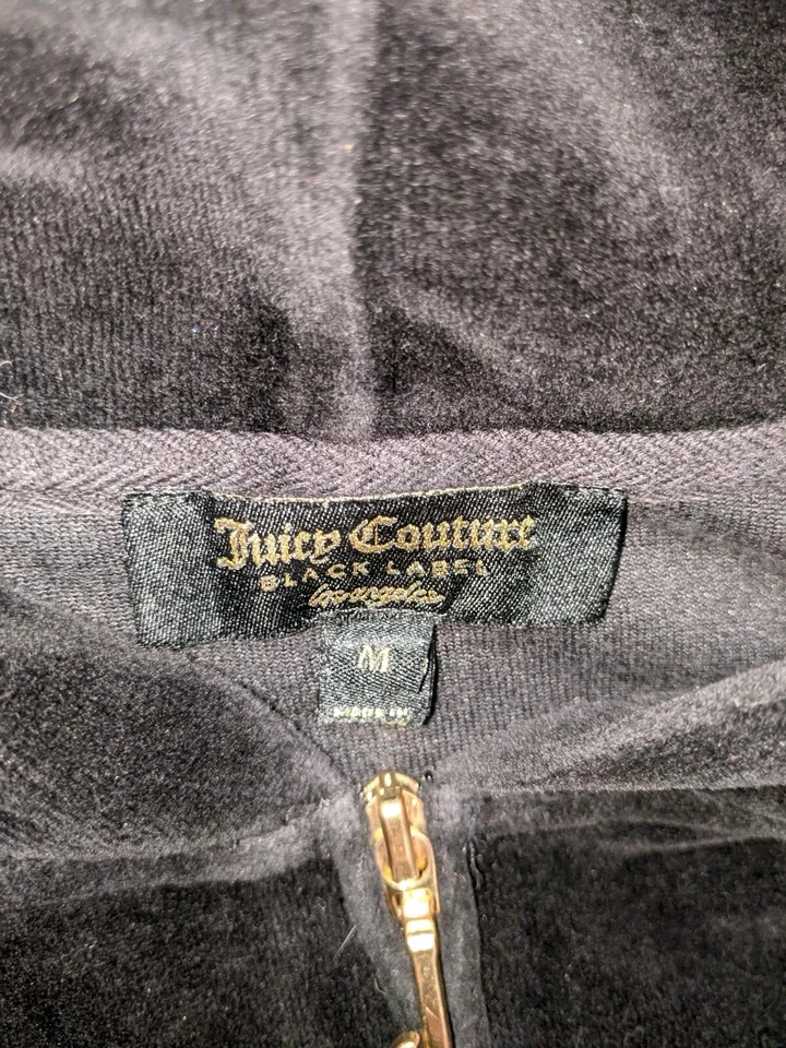 Sudadera con Capucha Juicy Couture Terciopelo Negra Talla Mediana Cremallera Completa Y2K Rayas Blancas Foto 4 de 4