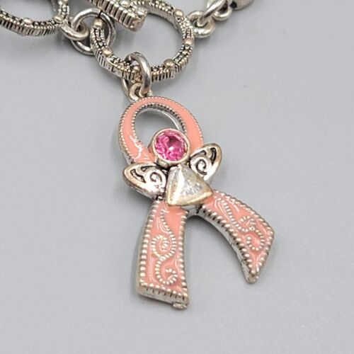 Breast Cancer Awareness Bracelet Pink Rhinestone Silver tone Enamel Ribbon 7.5" - Picture 2 of 9