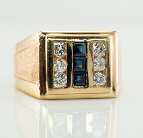Anillo banda de zafiro de diamantes naturales para hombre de oro de 14 quilates Estate - Imagen 5 de 11