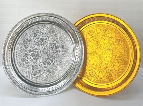 Vintage Style Thai Phan Khan Tok High Foot Gold Tray Silver Aluminum XL Sz 53 cm - Picture 4 of 48