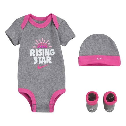 Nike Strampler 3-teiliges Set Baby Mädchen Body Mütze Booties grau rosa Rising verpackt  - Bild 1 von 5