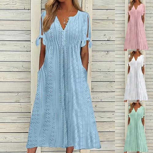 Boho Damen Strandkleid Midi Sommerkleid Reise Urlaub Freizeit Spitze A-Linie Kleid - Bild 3 von 19