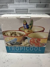 Clay Art Salsa Bowl Dish "Surfs Up" 3 Section Condiment Dip Server Hand Painted