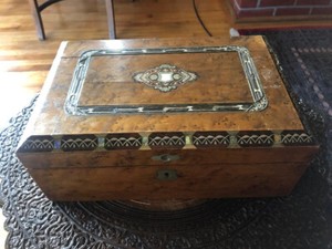 Antique Victorian Writing Desk Box Inlaid Metal Bone Abolone Marquetry DAMAGED