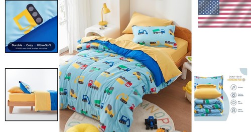 Ultra-Soft Twin Comforter Set for Kids with Construction Truck Design - 5 Pieces - Picture 2 of 10