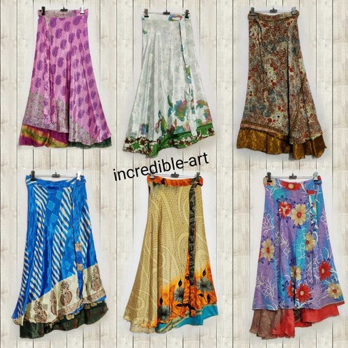 Wholesale Pack Vintage Silk Long Sari Recycled Magic Wrap Around Skirts Regular - Picture 2 of 5