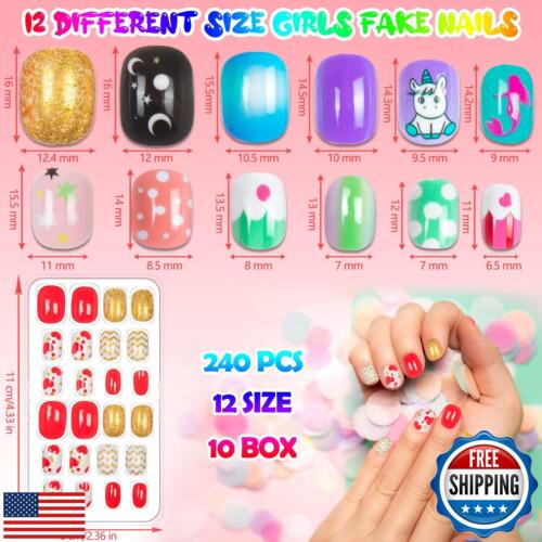 240 Pieces Fake Nails for Kids Girls Artificial Kids Press on Nails Full Cove - Picture 2 of 5