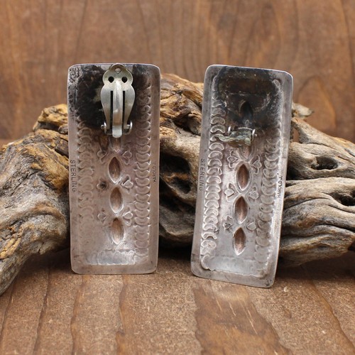 Vintage Large Sterling Silver Repousse Rectangle Clip Earrings - Picture 4 of 4