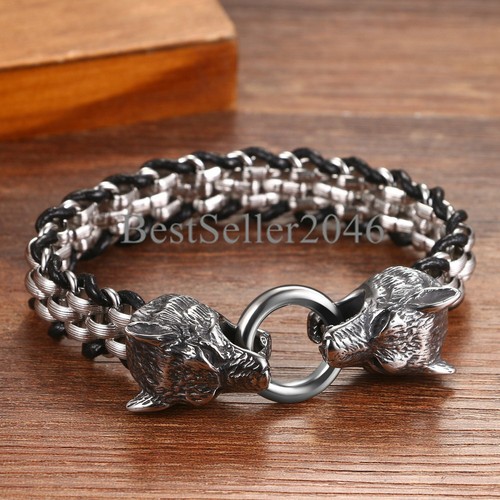 Mens Stainless Steel Black Leather Tribal Viking Wolf Large Heavy Biker Bracelet - Picture 3 of 8