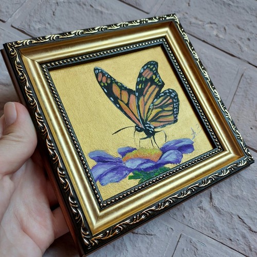 Arte mariposa monarca pintura al óleo original pintura enmarcada en oro mariposa mini - Imagen 9 de 9