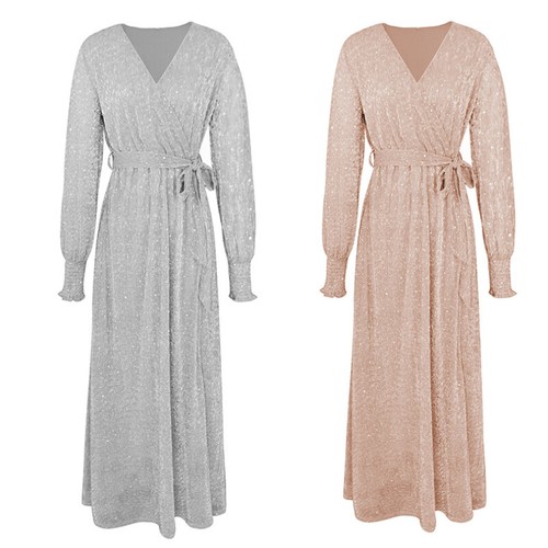 Women Party Long Sleeve Dress Maxi V-neck Tie Waist Evening Side Slit Shiny - Picture 2 of 28